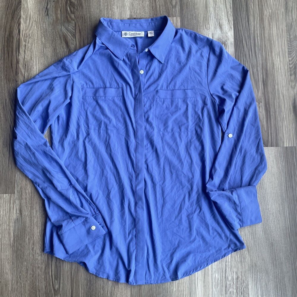 Coolibar Women's Rhodes Shirt Button Up Outdoor Future Dusk Blue Size M Coastal